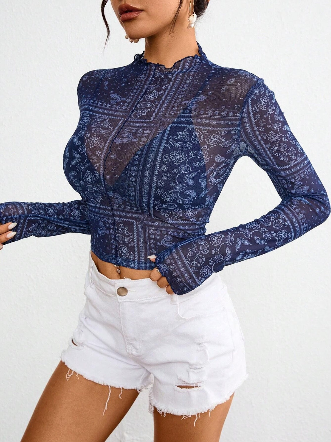 Paisley Mock Neck Long Sleeve Sheer Top OutfitFlow