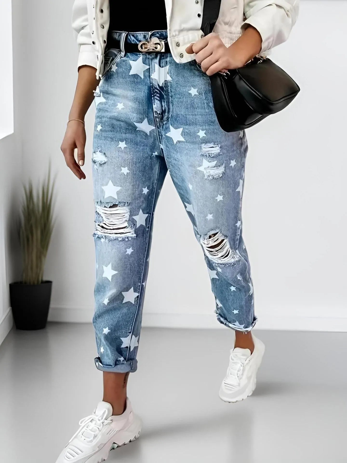 Star Print Distressed High Waist Boyfriend Jeans OutfitFlow