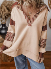 Striped Color Block Long Sleeve Sweatshirt Khaki OutfitFlow