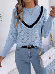 Hollow-Out Knit Top with Contrast Trim OutfitFlow