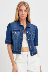 RISEN Puffed Short Sleeve Crop Denim Jackets OutfitFlow
