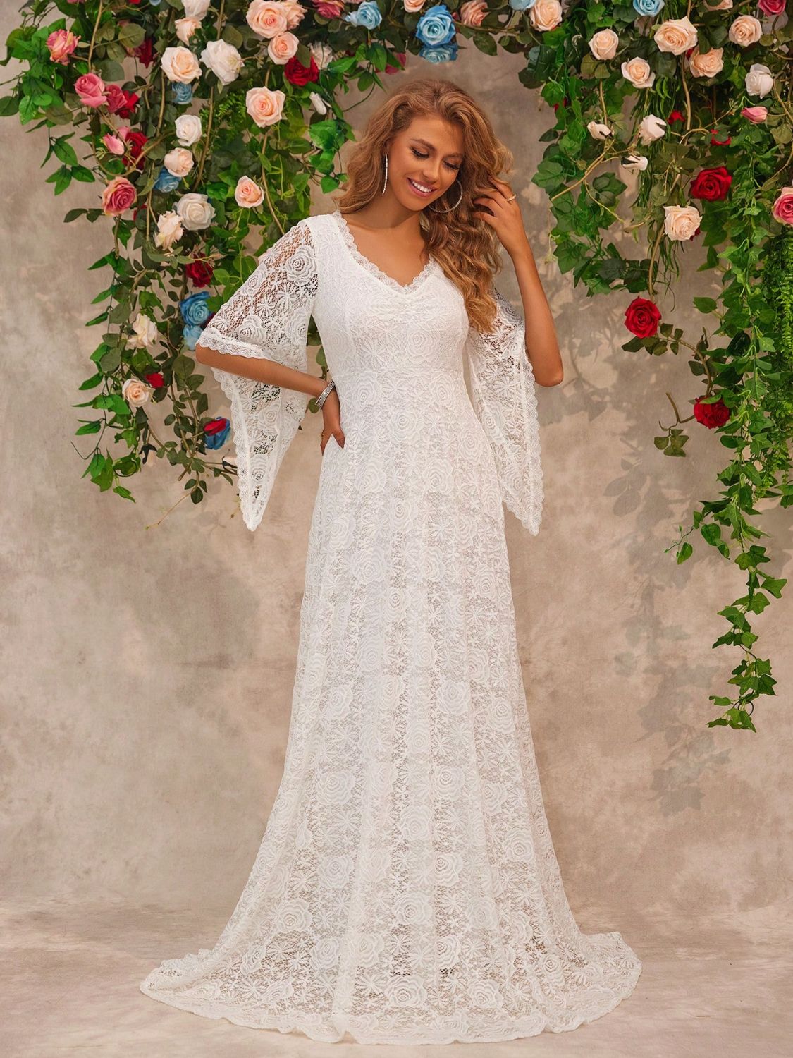 Lace V-Neck Floor length Dress OutfitFlow