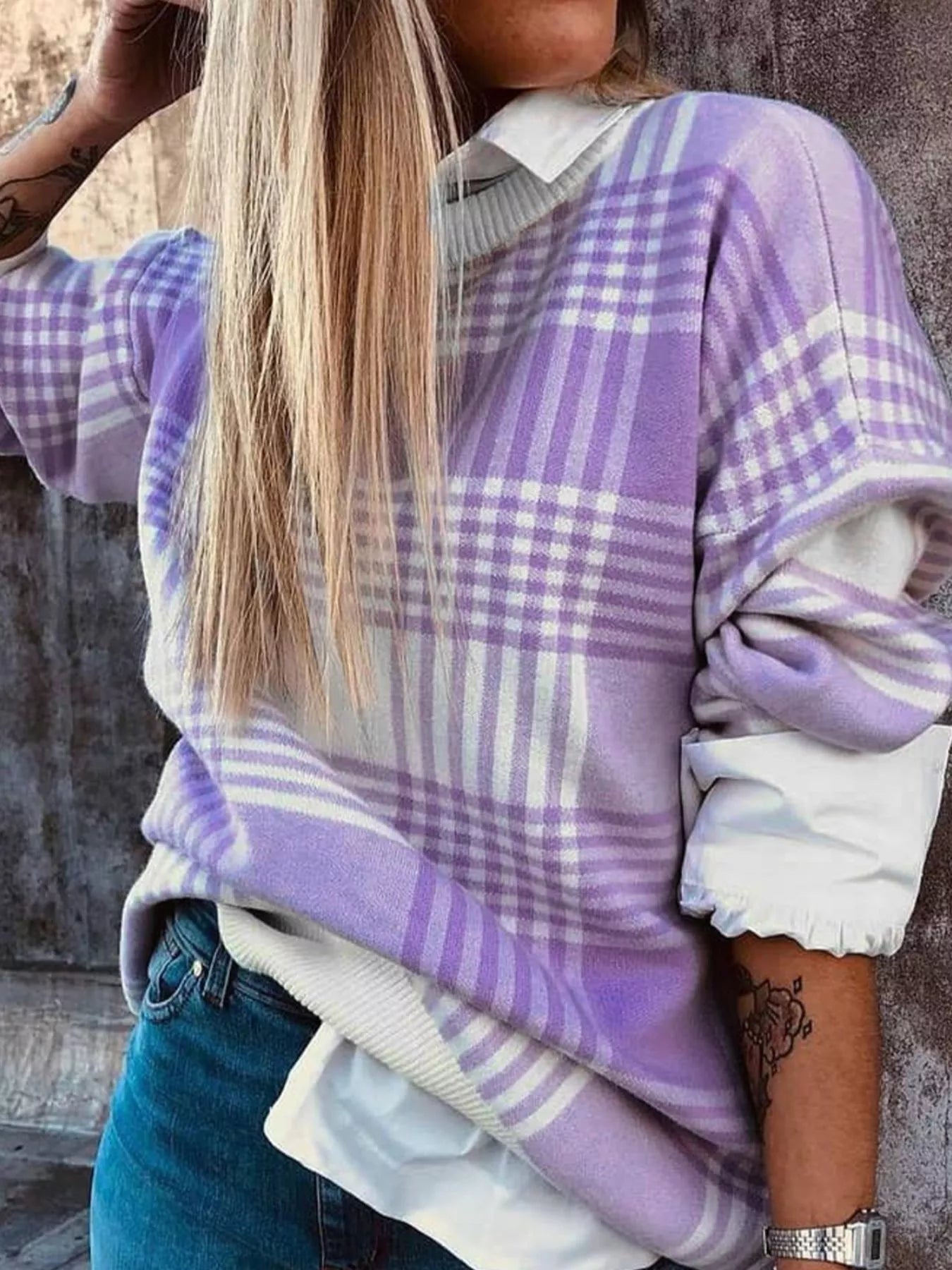 Plaid Round Neck Long Sleeve Sweater OutfitFlow
