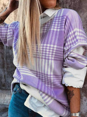 Plaid Round Neck Long Sleeve Sweater OutfitFlow