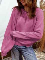 Lace Trim Long Sleeve Sweatshirt Fuchsia Pink OutfitFlow