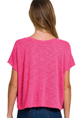 Zenana Hacci Slub V-neck Drop Shoulder Crop Top OutfitFlow