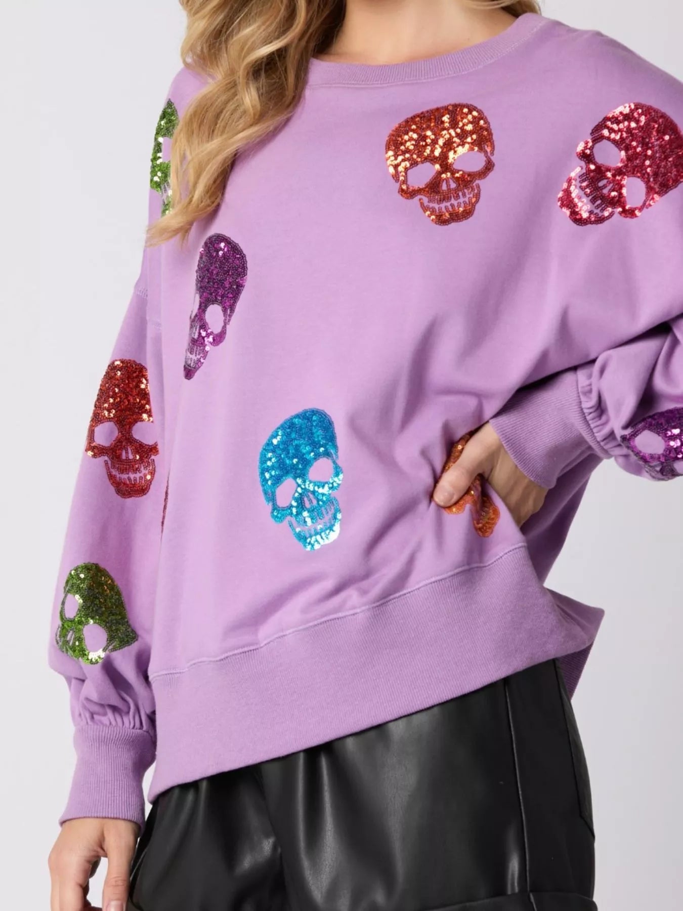 Halloween Colorful Skull Sequin Oversized Sweatshirt OutfitFlow