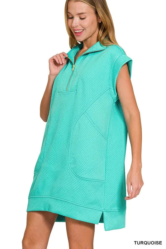 Zenana Textured Knit Jacquard Quarter Zipper Mini Dress OutfitFlow