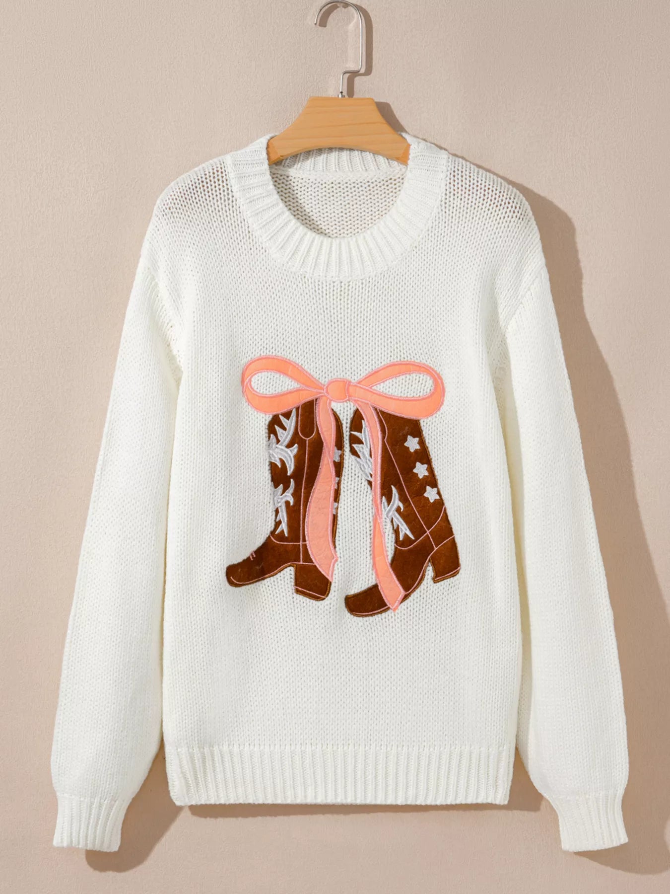 Embroidered Bow Boots Graphic Drop Shoulder Sweater OutfitFlow