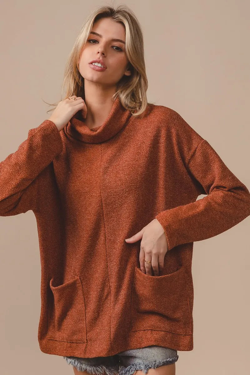 BiBi Piper Rib Double Pocket Turtle Neck Sweater OutfitFlow