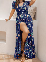Plus Size Floral V-Neck Short Sleeve Maxi Dress OutfitFlow
