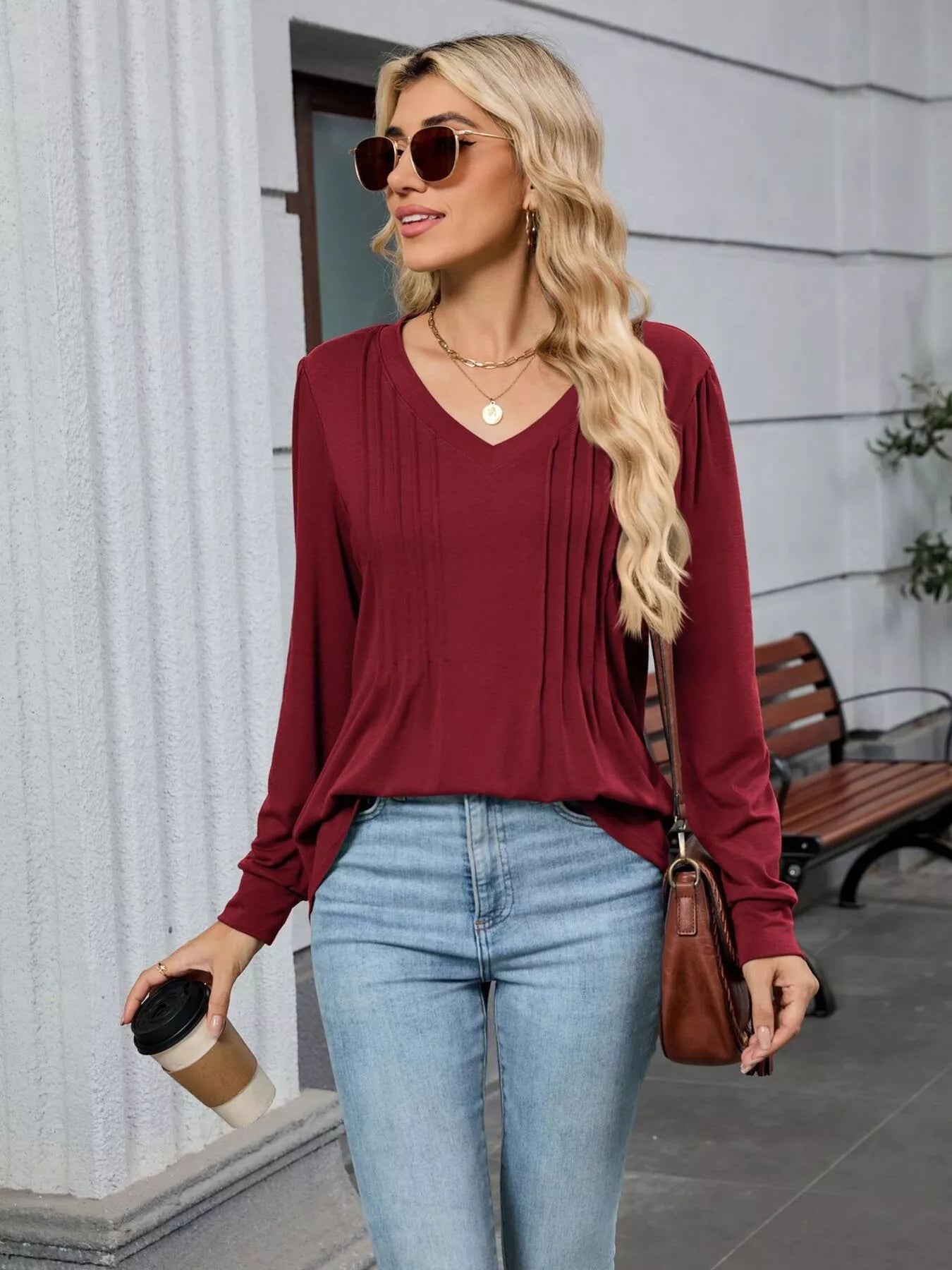 V-Neck Long Sleeve Relaxed Fit T-Shirt OutfitFlow