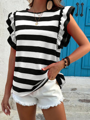 Contrast Striped Ruffle Sleeve T-Shirt OutfitFlow