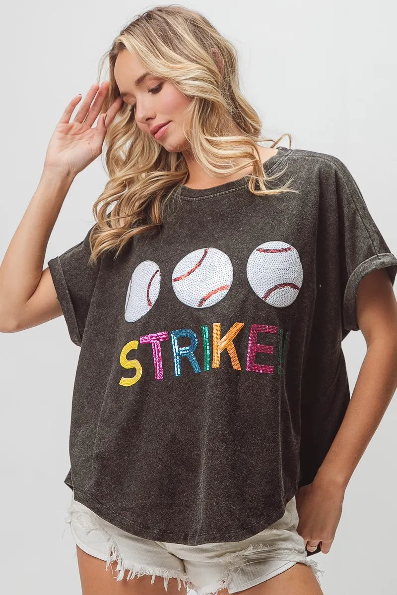 BiBi Sequin Baseballs Strike Washed Short Sleeve Top OutfitFlow