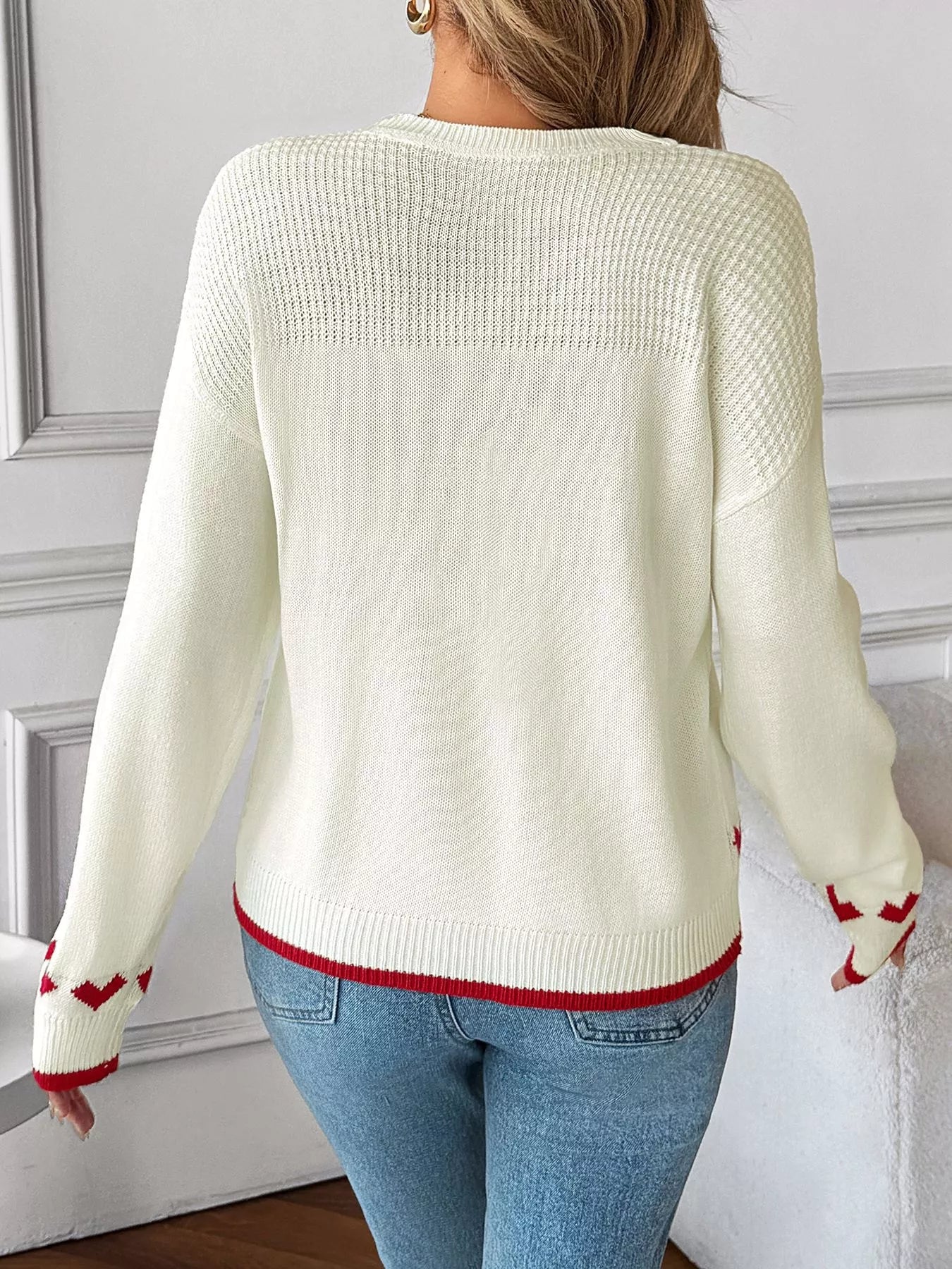 Heart Pattern Dropped Shoulder Sweater OutfitFlow