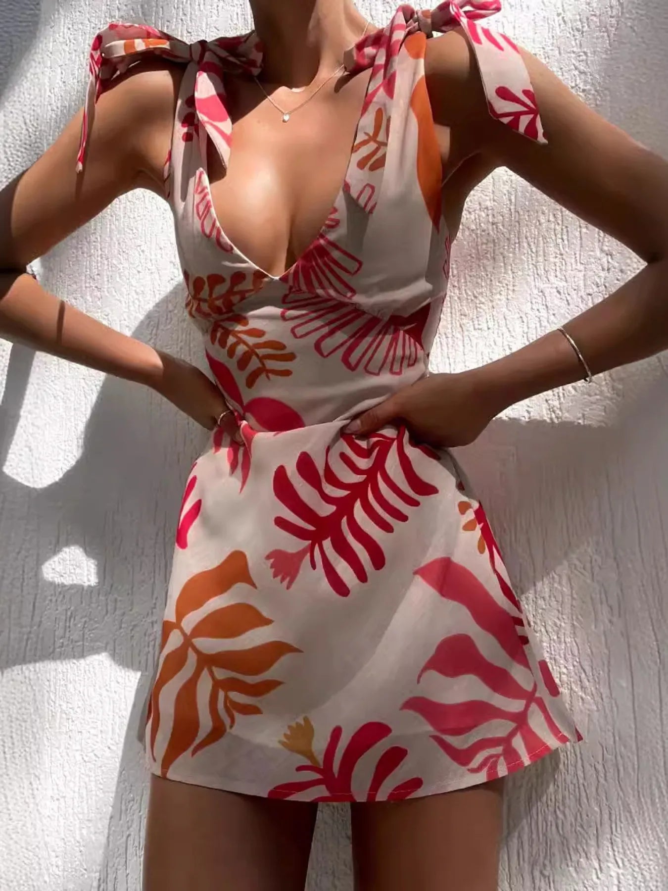 Printed Tie-Shoulder Mini Dress Picture Color OutfitFlow