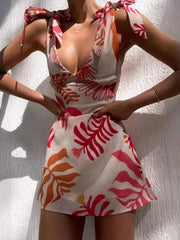 Printed Tie-Shoulder Mini Dress Picture Color OutfitFlow