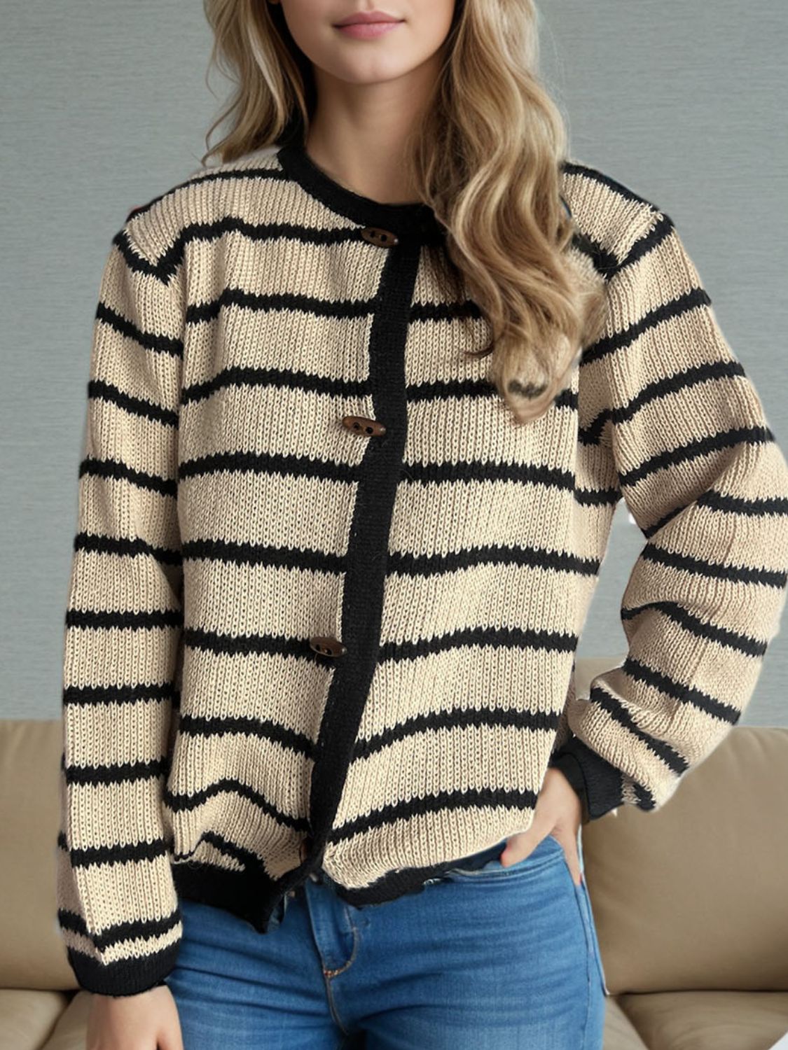 Outfit Flow - Striped Round Neck Long Sleeve Cardigan