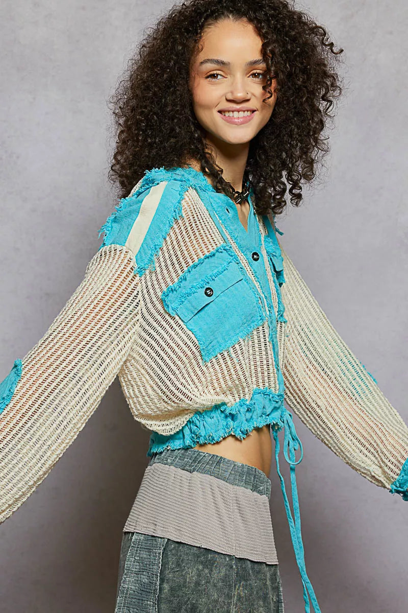 POL Texture Woven Button Down Hooded Shirt with Drawstring Hem OutfitFlow