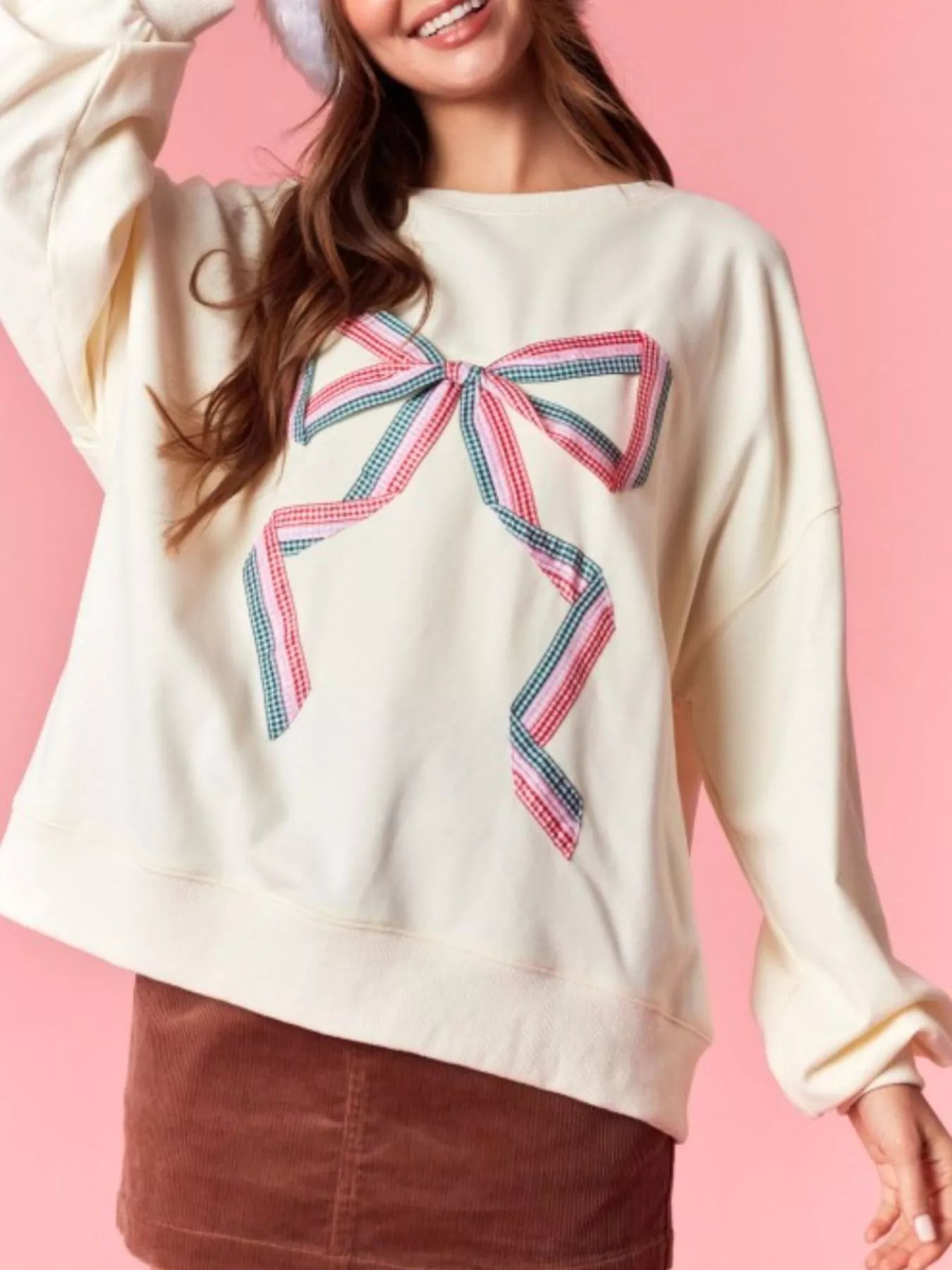 Bow Crew Neck Sweatshirt OutfitFlow