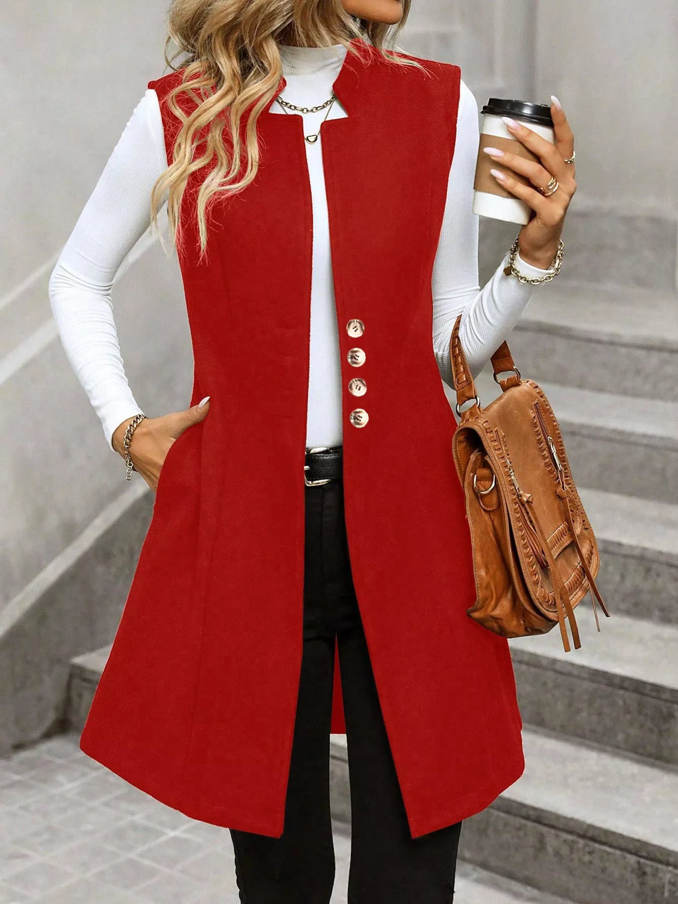 Button-Down Longline Vest Coat Trendsi