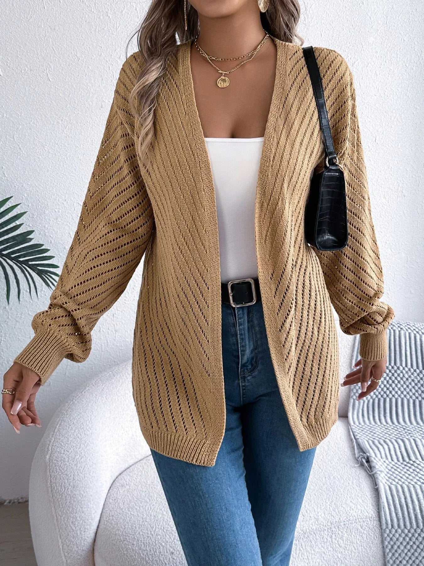 Openwork Open-Front Long Sleeve Cardigan OutfitFlow