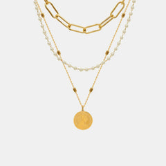 Synthetic Pearl Titanium Steel Three-Layered Necklace Gold One Size OutfitFlow