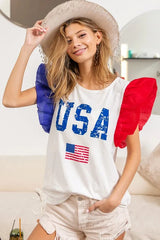 BiBi USA Theme Color Block Organza Ruffle Sleeve Top OutfitFlow