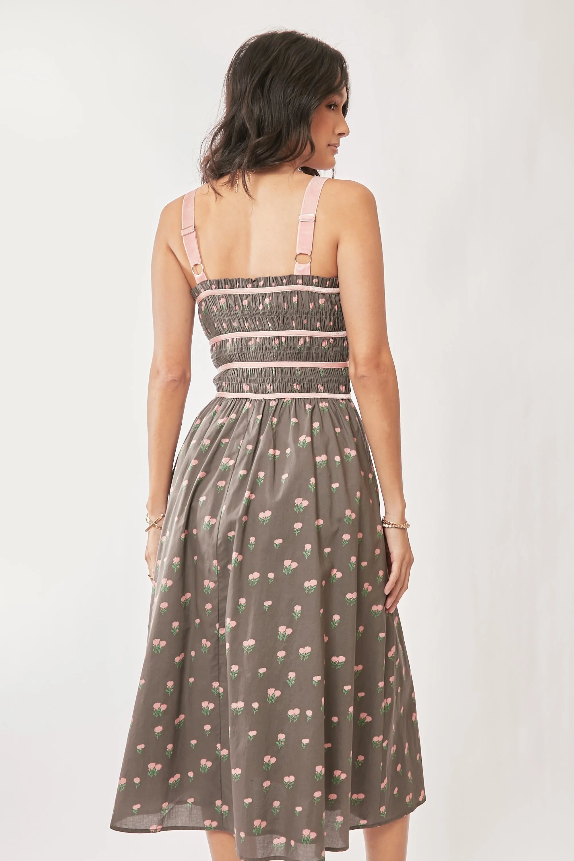 Davi & Dani Contrast Velvet Tape Smocking Bodice Midi Dress OutfitFlow