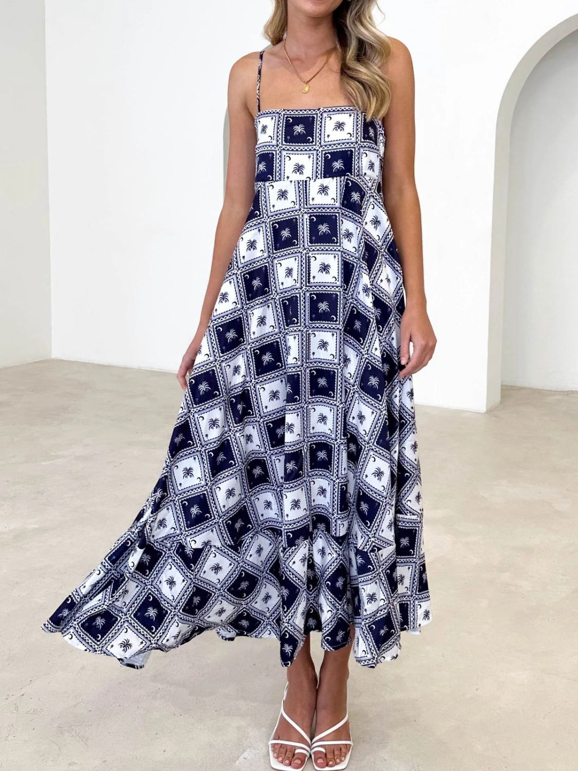 Printed Square Neck Midi Cami Dress OutfitFlow