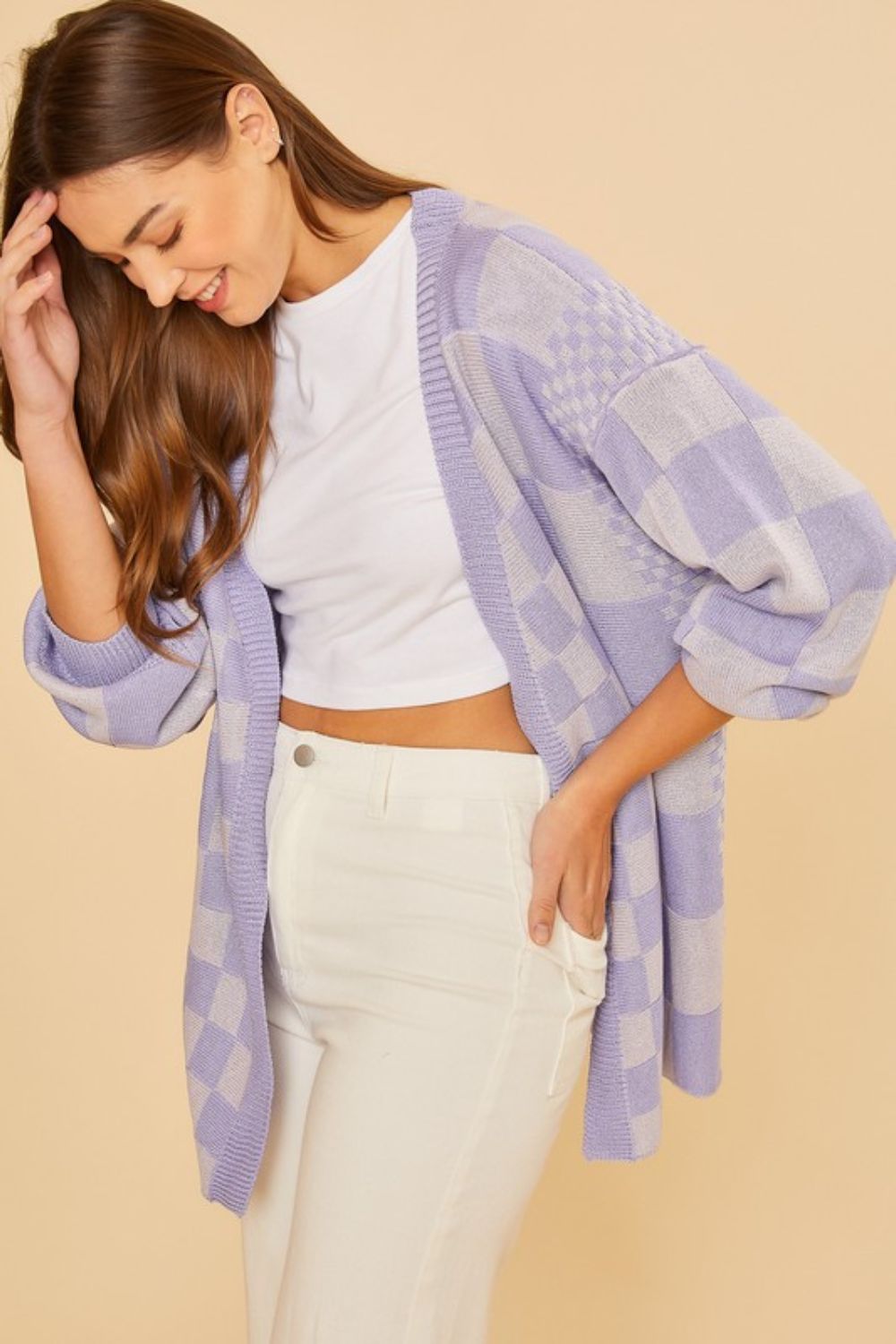 Annie Wear Checkered Open Front Drop Shoulder Cardigan