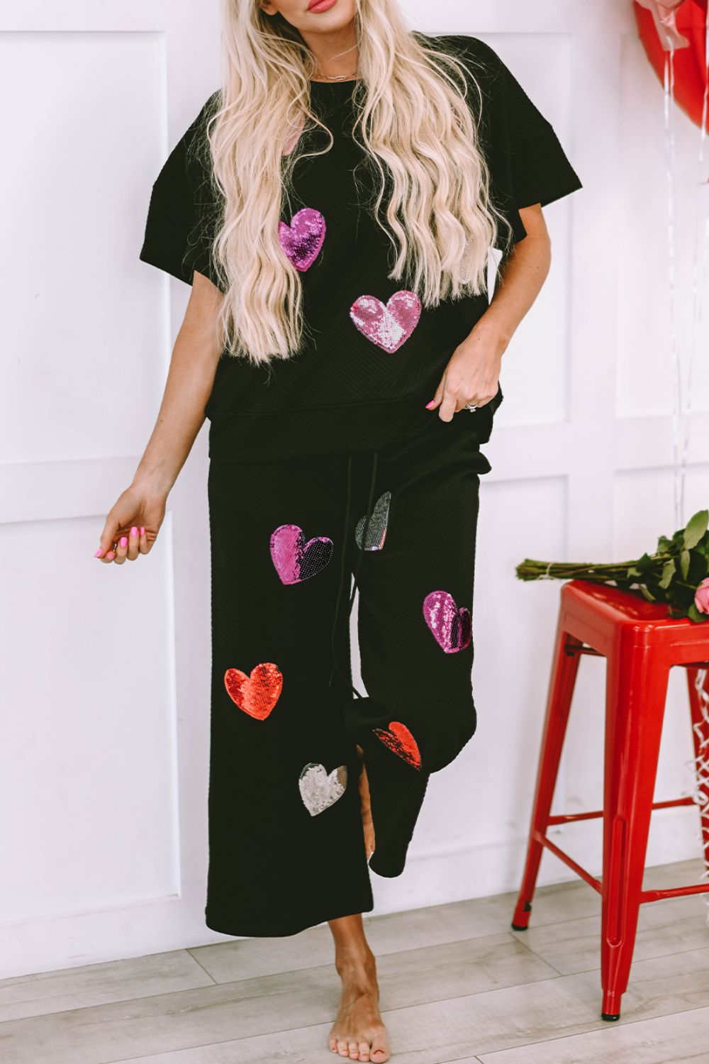 Outfit Flow - Heart Sequin Short Sleeve Top and Drawstring Pants Lounge Set