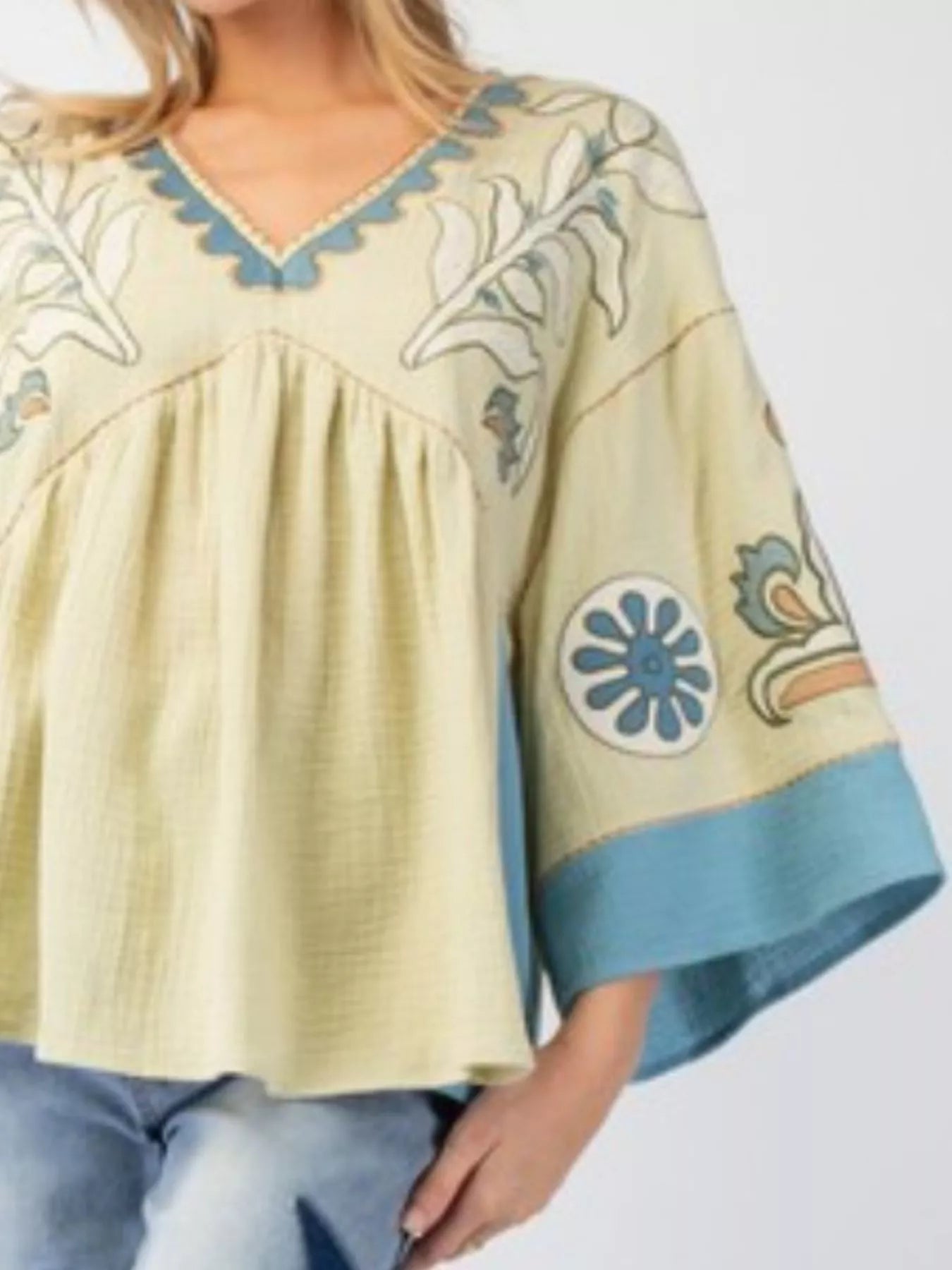 Printed V-Neck Top with Contrast Trim Details OutfitFlow