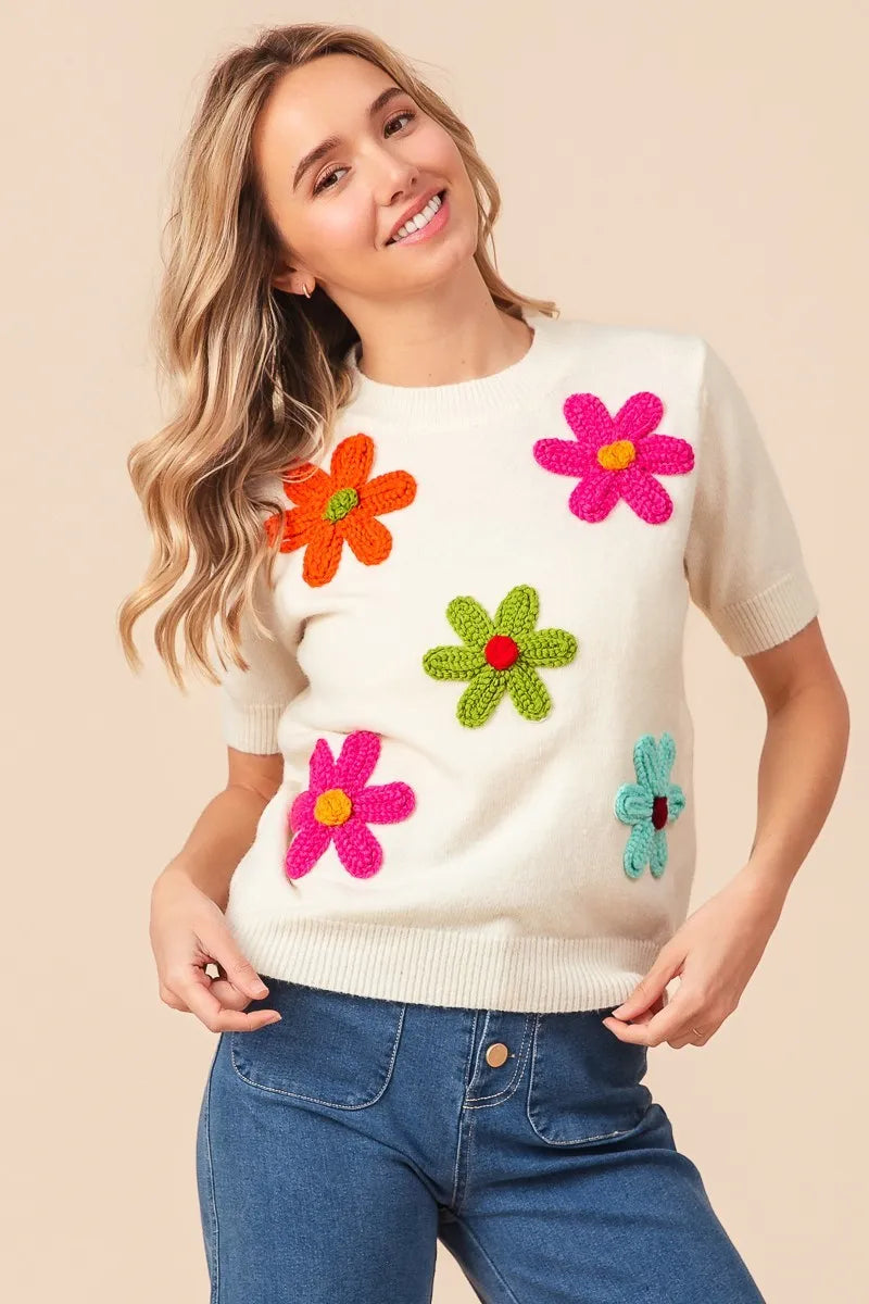 BiBi Crochet Flower Patch Sweater Top OutfitFlow