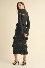 MABLE Long Sleeve Tiered Ruffle Knit Midi Dress OutfitFlow