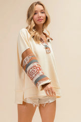 BiBi French Terry Knit and Aztec Print Mixed Top OutfitFlow