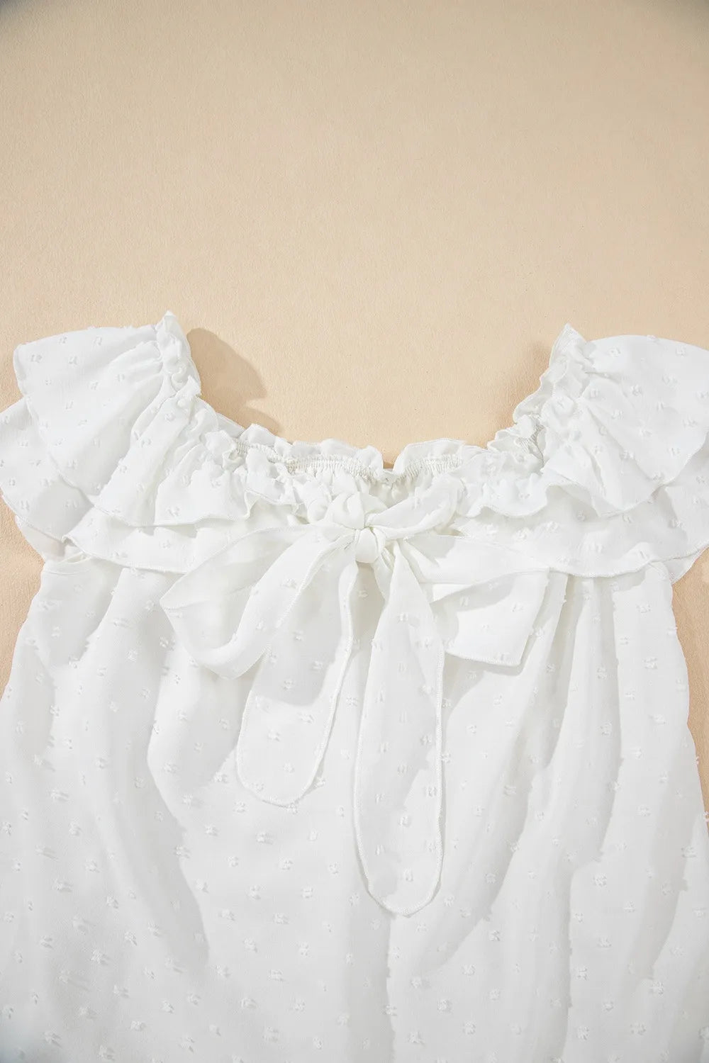 Off Shoulder Ruffle Knotted Detail Swiss Dot Blouse OutfitFlow