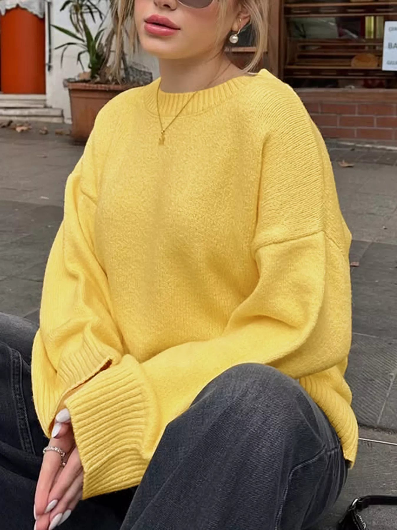 Ribbed Round Neck Dropped Shoulder Sweater OutfitFlow