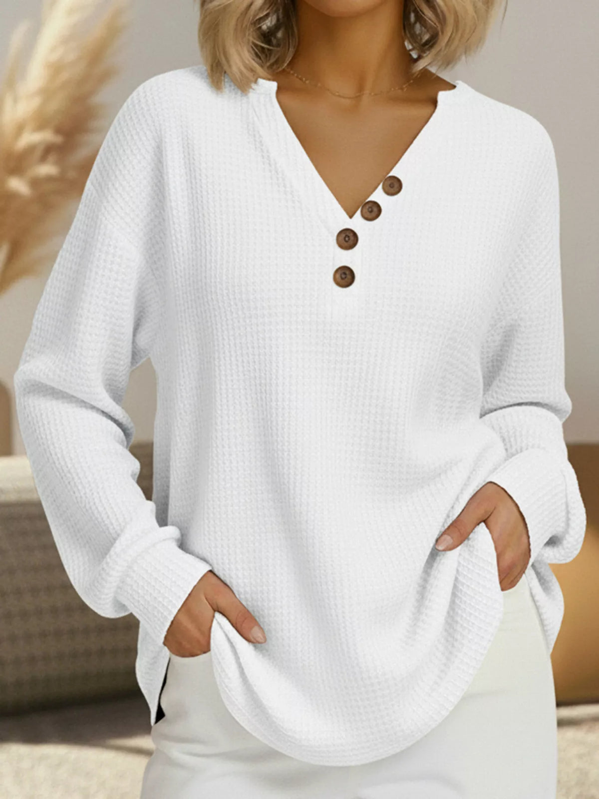 Full Size Casual Waffle Knit Long Sleeve T-Shirt Plus Size Gray white OutfitFlow