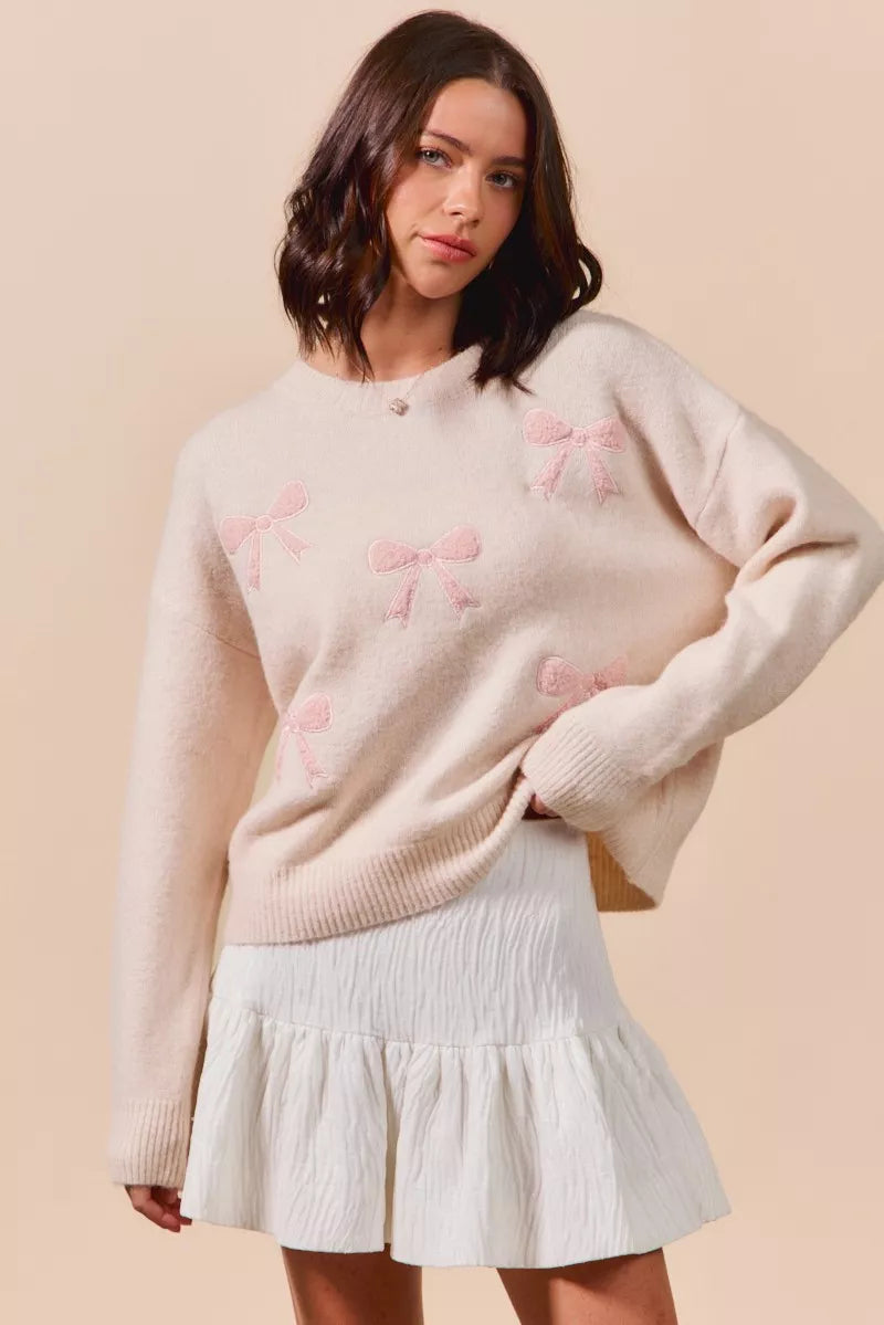 SO ME Embroidered Ribbon Round Neck Sweater OutfitFlow