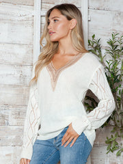 Openwork V-Neck Long Sleeve Sweater Trendsi