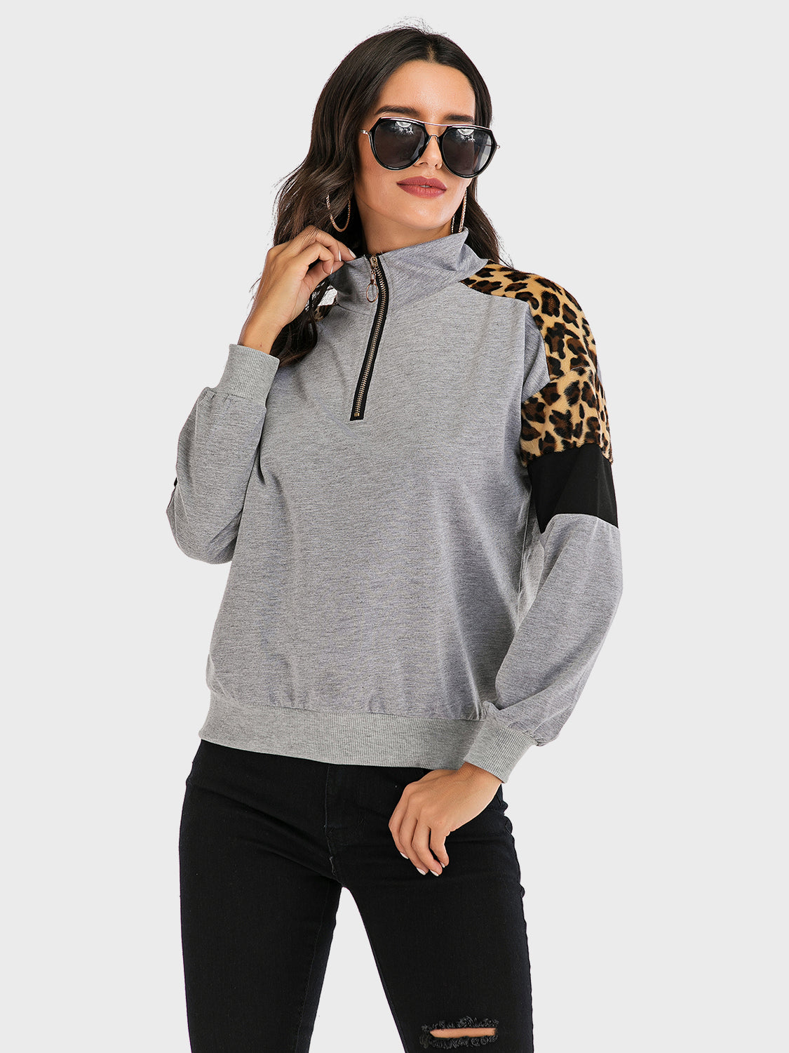 Outfit Flow - Perfee Contrast Leopard Half Zip Long Sleeve Sweatshirt