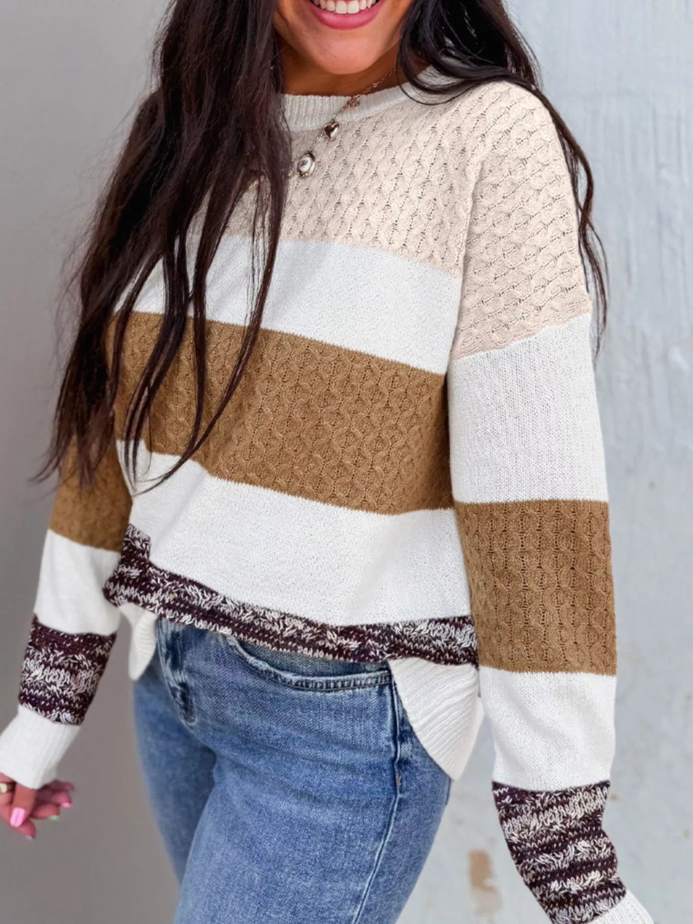 Mixed Texture Knit Striped Color Block Loose Sweater Multicolor OutfitFlow