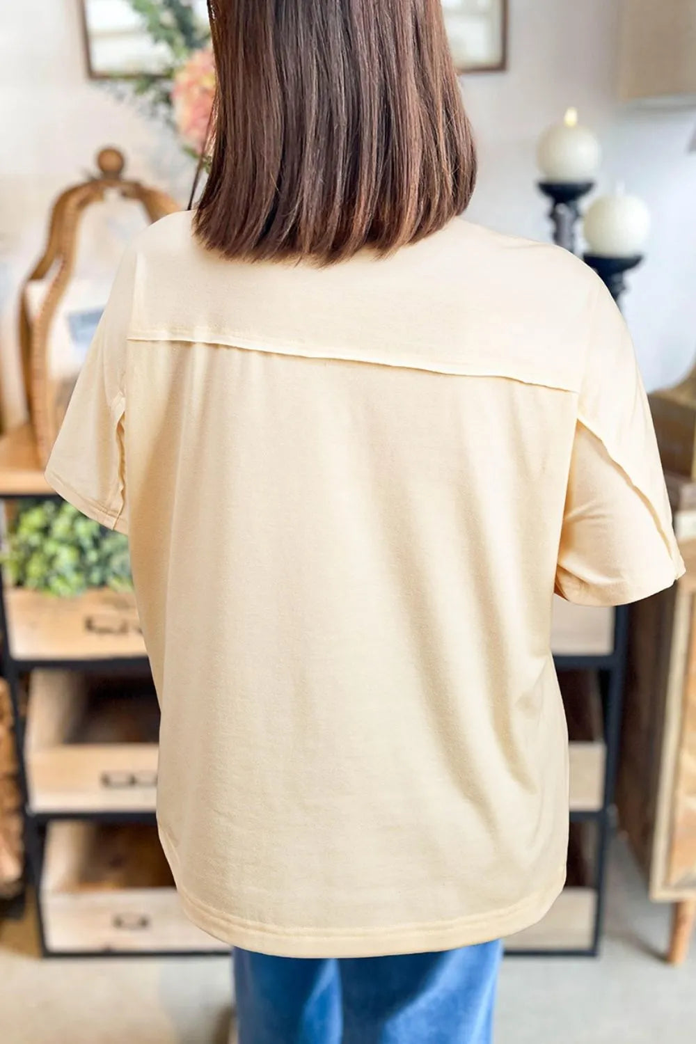 Flower Patched Exposed Stitching Trim Crew Neck Loose Tee OutfitFlow