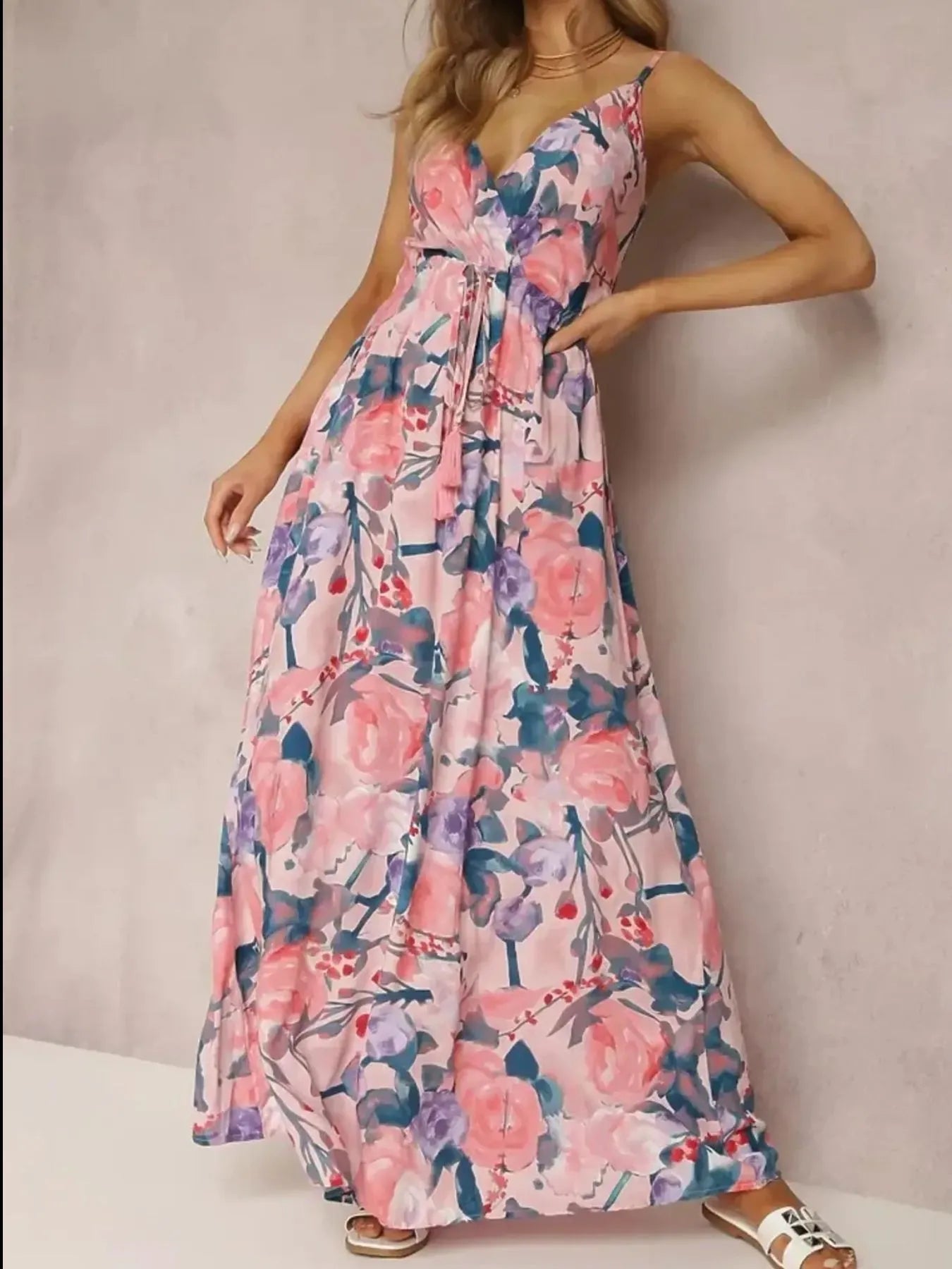 Floral Print Surplice Spaghetti Strap Maxi Dress OutfitFlow