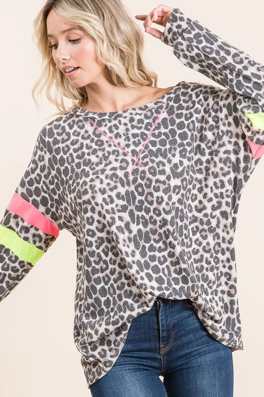 BiBi Leopard Thermal Top with Contrast Color Block OutfitFlow