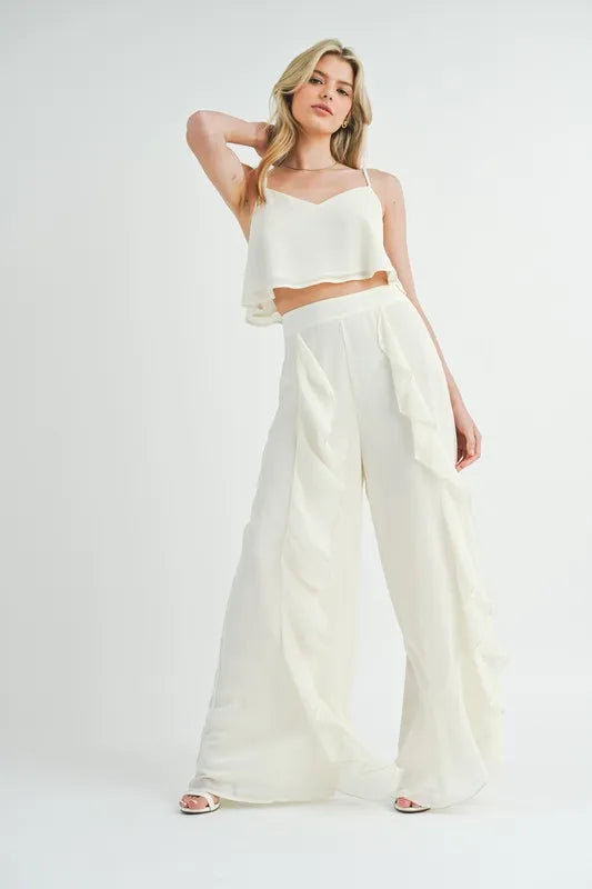 MABLE Crop Cami and Ruffled Wide Leg Pants Set OutfitFlow