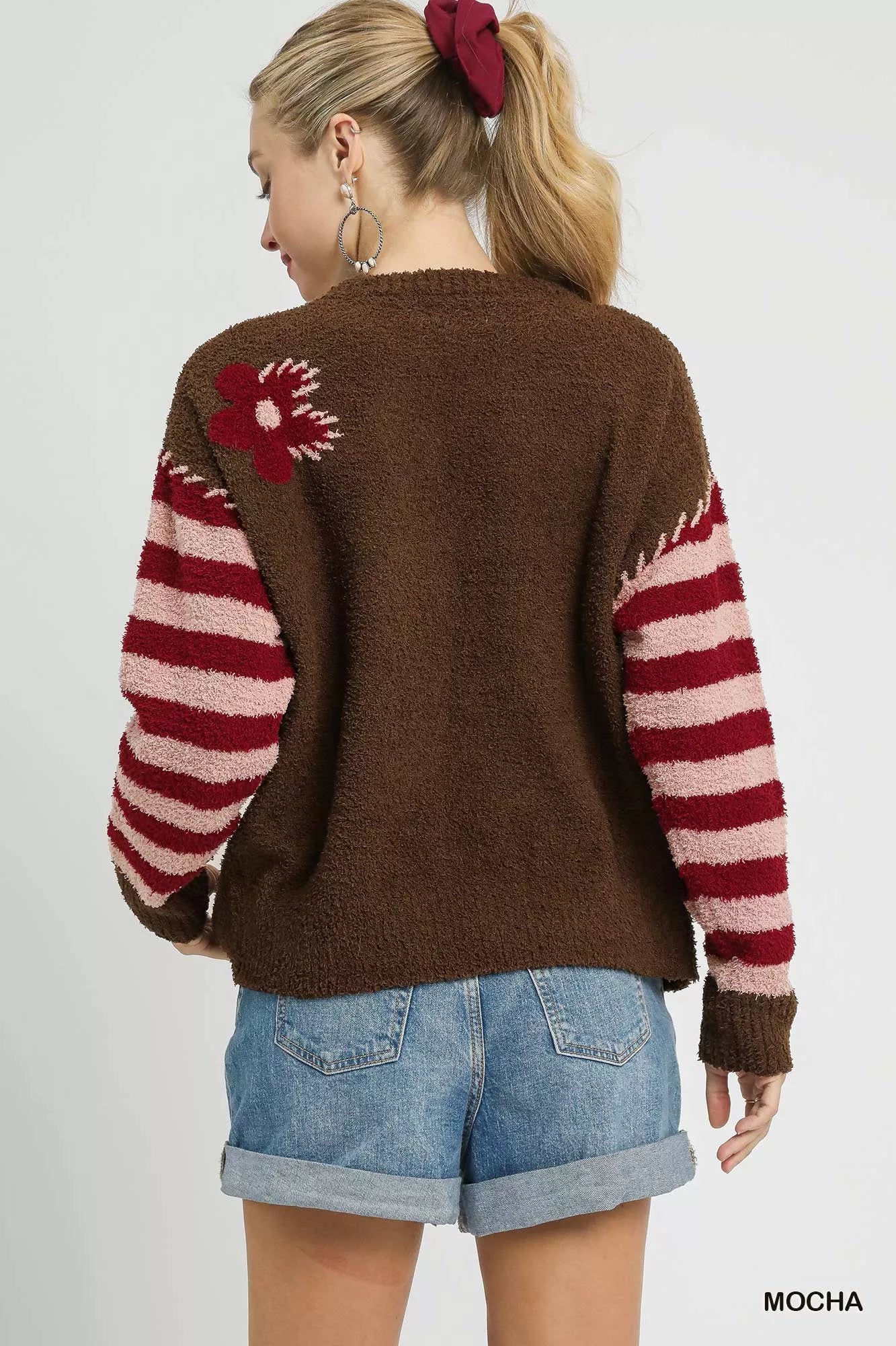 Umgee Flower Jacquard Striped Long Sleeve Sweater OutfitFlow