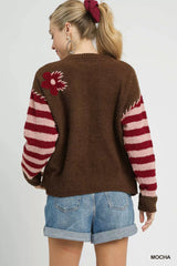 Umgee Flower Jacquard Striped Long Sleeve Sweater OutfitFlow