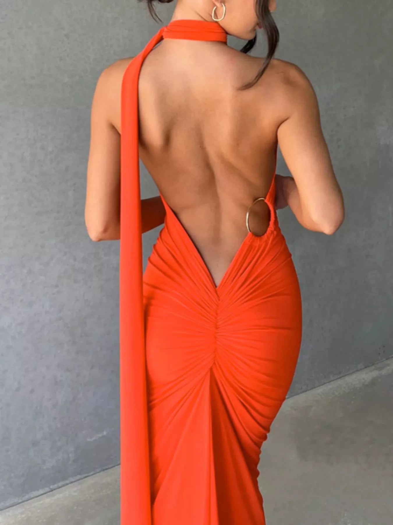 Backless One-Shoulder Ruched Bodycon Maxi Dress OutfitFlow